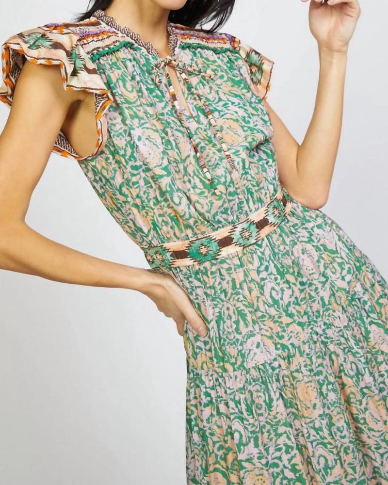 Back of a model wearing a size L Border Print Tiered Dress in Green Lav in Green Lav by current air. | dia_product_style_image_id:339231